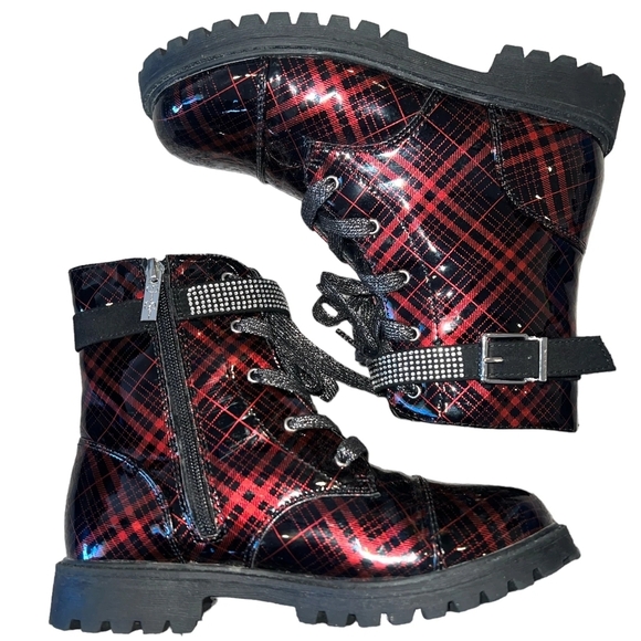 Jessica Simpson Red and Black Plaid Combat Boots - Picture 1 of 12